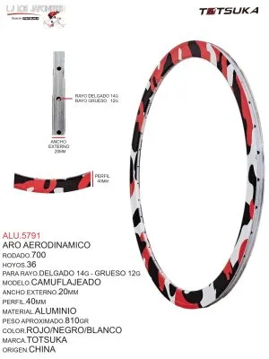 Aro Aerodinámico Rodado 700, 36 Hoyos, Para Rayo Delgado 14G - Grueso 12G, Modelo Camuflajeado, Ancho Externo 20mm, Perfil 40mm, Material Aluminio, Peso Aprox. 810g, Color Rojo/Negro/Blanco, Marca Totsuka