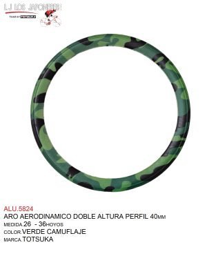 Aro Aerodinámico Rodado 26, 36 Hoyos, Para Rayo Delgado 14G - Rayo 12G, Modelo Camuflajeado, Ancho Externo 30mm, Perfil 40mm, Material Aluminio, Peso Aprox. 920g, Color Verde/Negro, Marca Totsuka