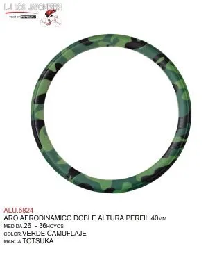 Aro Aerodinámico Rodado 26, 36 Hoyos, Para Rayo Delgado 14G - Rayo 12G, Modelo Camuflajeado, Ancho Externo 30mm, Perfil 40mm, Material Aluminio, Peso Aprox. 920g, Color Verde/Negro, Marca Totsuka