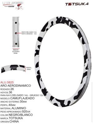Aro Aerodinámico Rodado 26, 36 Hoyos, Para Rayo Delgado 14G - Grueso 12G, Modelo Camuflajeado, Ancho Externo 30mm, Perfil 40mm, Material Aluminio, Peso Aprox. 920g, Color Negro/Blanco, Marca Totsuka