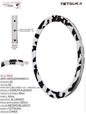 Aro Aerodinámico Rodado 26, 36 Hoyos, Para Rayo Delgado 14G - Grueso 12G, Modelo Camuflajeado, Ancho Externo 30mm, Perfil 40mm, Material Aluminio, Peso Aprox. 920g, Color Negro/Blanco, Marca Totsuka