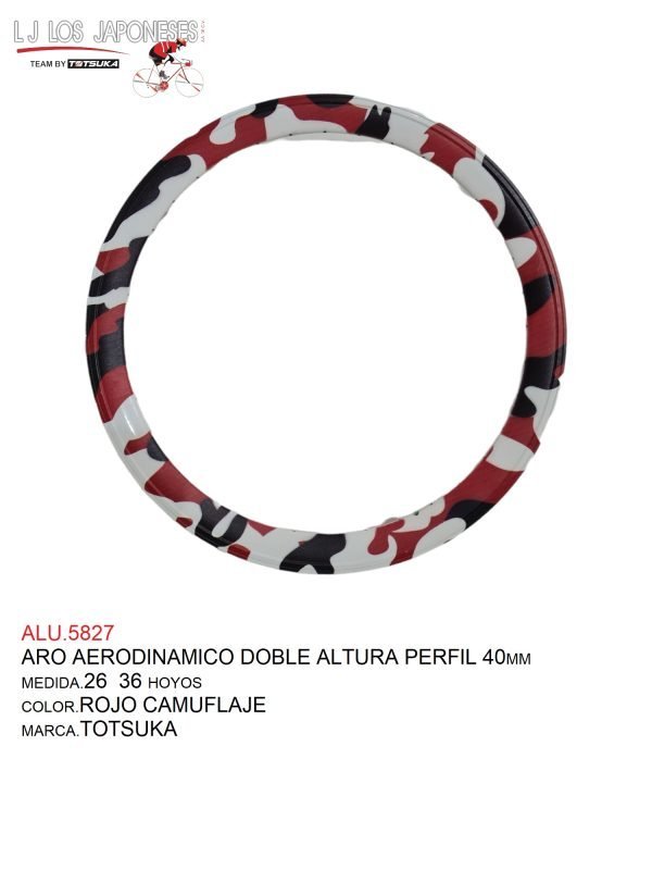 Aro Aerodinámico Rodado 26, 36 Hoyos, Para Rayo Delgado 12G - Grueso 14G, Modelo Camuflajeado, Ancho Externo 30mm, Perfil 40mm, Material Aluminio, Peso Aprox. 915g, Color Rojo/Negro/Blanco, Marca Totsuka