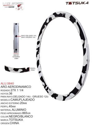 Aro Aerodinámico Rodado 27 x 1 1/4, 36 Hoyos, Para Rayo Delgado 14G - Grueso 12G, Modelo Camuflajeado, Ancho Externo 20mm, Perfil 40mm, Material Aluminio, Peso Aprox. 865g, Color Negro/Blanco, Marca Totsuka