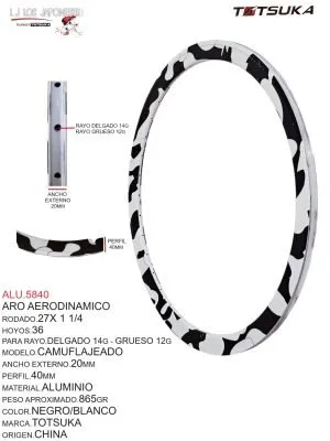 Aro Aerodinámico Rodado 27 x 1 1/4, 36 Hoyos, Para Rayo Delgado 14G - Grueso 12G, Modelo Camuflajeado, Ancho Externo 20mm, Perfil 40mm, Material Aluminio, Peso Aprox. 865g, Color Negro/Blanco, Marca Totsuka