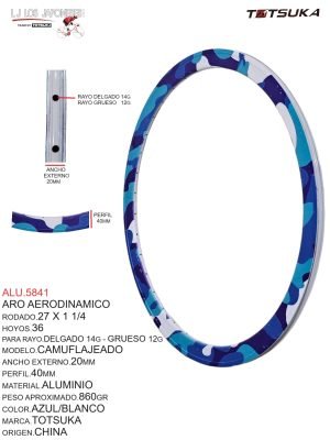 Aro Aerodinámico Rodado 27 x 1 1/4, 36 Hoyos, Para Rayo Delgado 14G - Grueso 12G, Modelo Camuflajeado, Ancho Externo 20mm, Perfil 40mm, Material Aluminio, Peso Aprox. 860g, Color Azul/Blanco, Marca Totsuka