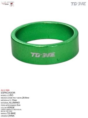 ESPACIADOR 1 1/8" 10MM VERDE ALUMINIO C/U TG BIKE