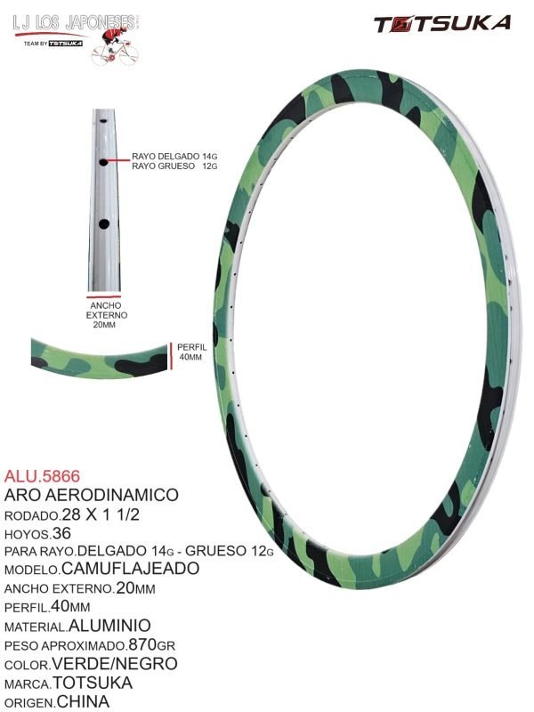 ALU.5866 Aro Aerodinámico Rodado 28 x 1 1/2, 36 Hoyos, Para Rayo Delgado 14G - Grueso 12G, Modelo Camuflajeado, Ancho Externo 20mm, Perfil 40mm, Material Aluminio, Peso Aprox. 870g, Color Verde/Negro, Marca Totsuka