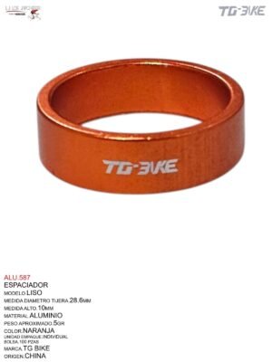 ESPACIADOR 1 1/8" 10MM NARANJA ALUMINIO C/U TG BIKE
