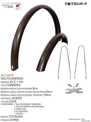 ALU.6378 Salpicaderas 24 x 1 3/8. Kit de salpicaderas de carrera en color café, hechas de acero. Incluye salpicadera trasera y delantera, 2 varillas, 2 plaquitas, y 1 placa. Medida de ancho: 8cm, largo de salpicadera delantera: 64cm, trasera: 104cm. Marca Totsuka, origen China. Perfectas para proteger al ciclista del agua y barro en caminos urbanos y rurales.