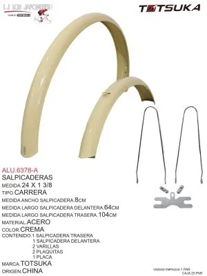 ALU.6378-A Salpicaderas 24 x 1 3/8. Versión en color crema, fabricadas en acero. Incluye una salpicadera trasera y delantera, con medidas de ancho: 8cm, largo de la delantera: 64cm, trasera: 104cm. Contiene 2 varillas, 2 plaquitas, y 1 placa. Marca Totsuka, origen China. Añade estilo y funcionalidad a la bicicleta, manteniendo al ciclista seco y limpio.
