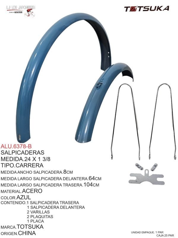 Salpicaderas 24 x 1 3/8. Kit de salpicaderas en color azul, construidas en acero. Medida de ancho: 8cm, largo de la salpicadera delantera: 64cm, trasera: 104cm. El set incluye 1 salpicadera trasera y delantera, 2 varillas, 2 plaquitas, y 1 placa. Marca Totsuka, origen China. Ideal para bicicletas de carrera que buscan protección contra salpicaduras.