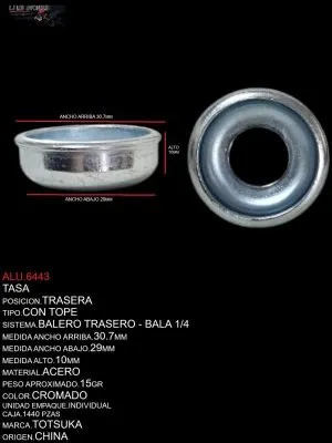 ALU.6443 TASA TRASERA CON TOPE, DE ACERO, COLOR CROMADO, MARCA TOTSUKA