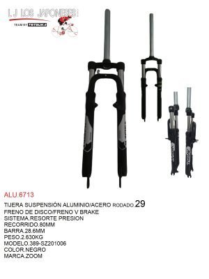 TIJERA R-29 SUSPENSIÓN ALUMINIO/ACERO FRENO V-BRAKE - DISCO SISTEMA DE RESORTE DE PRESIÓN. RECORRIDO DE 80MM.PIERNAS DE 34.9MM. MOD.389.PESO 2.18KGS VAXA NEGRO 29