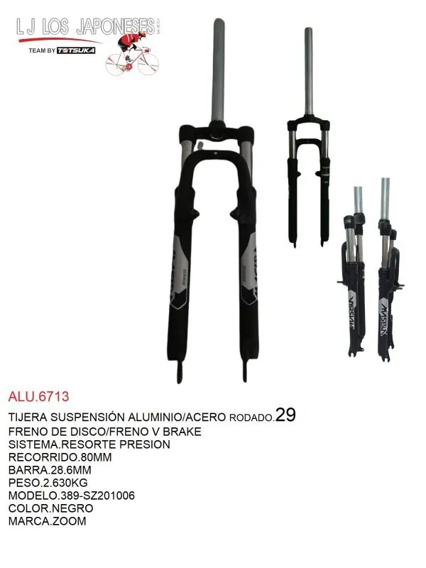 ALU.6713 TIJERA R-29 SUSPENSIÓN ALUMINIO/ACERO FRENO V-BRAKE - DISCO SISTEMA DE RESORTE DE PRESIÓN. RECORRIDO DE 80MM.PIERNAS DE 34.9MM. MOD.389.PESO 2.18KGS VAXA NEGRO 29