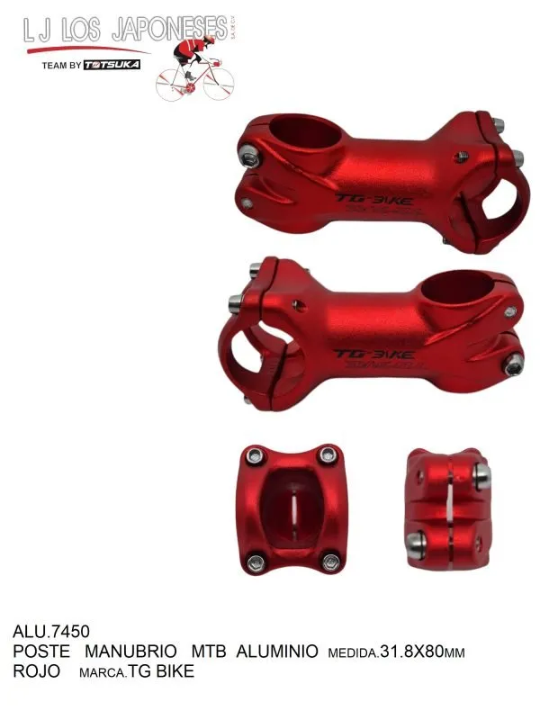 POSTE MANUBRIO  MTB 31.8X80MM  ALUMINIO ROJO  TG BIKE