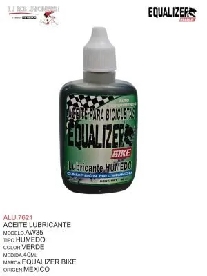ALU.7621 Aceite Lubricante Modelo AW35, Tipo Húmedo, Color Verde, Medida 40ml, Marca Equalizer Bike, Origen México