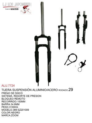 TIJERA 29 SUSPENSIÓN ALUMINIO/ACERO FRENO V-BRAKE-DISCO BLOQUEO REMOTO RECORRIDO 80MM PIERNAS DE 34.9MM  MOD.389.PESO 2.18KGS VAXA NEGRO