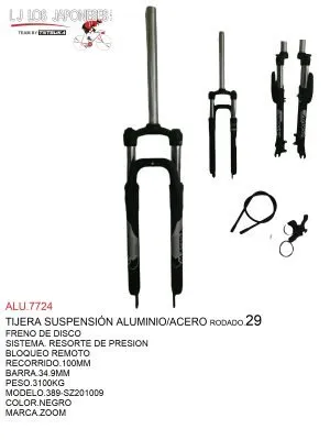 ALU.7724 TIJERA 29 SUSPENSIÓN ALUMINIO/ACERO FRENO V-BRAKE-DISCO BLOQUEO REMOTO RECORRIDO 80MM PIERNAS DE 34.9MM MOD.389.PESO 2.18KGS VAXA NEGRO