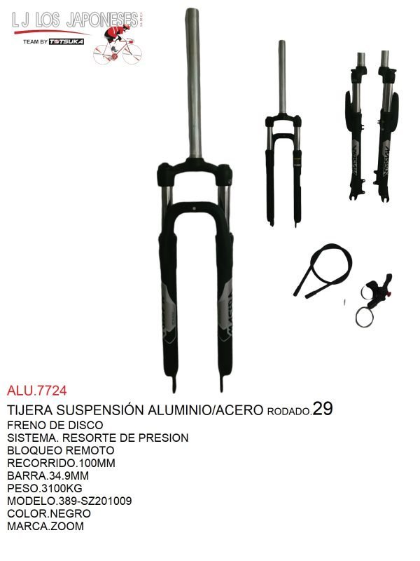 ALU.7724 TIJERA 29 SUSPENSIÓN ALUMINIO/ACERO FRENO V-BRAKE-DISCO BLOQUEO REMOTO RECORRIDO 80MM PIERNAS DE 34.9MM MOD.389.PESO 2.18KGS VAXA NEGRO