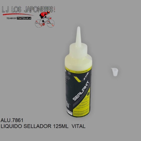 Sellador de llantas marca Vital, modelo 419493, capacidad de 125 ml, adecuado para diferentes tipos de rodado. Sella instantáneamente hoyos hasta de 5 mm.