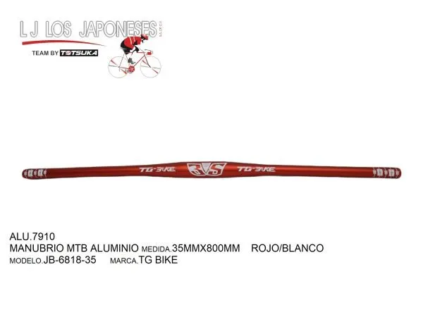 MANUBRIO MTB ALUMINIO 35MMX800MM ROJO/BLANCO JB-6818-35 TG BIKE