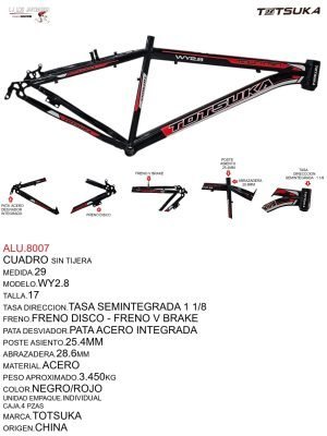 CUADRO MTB 29 HI-TEN 1 1/8 TAZAS SEMIINTEGRADAS FRENO DISCO/V BRAKE SIN TIJERA NEGRO/ROJO