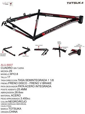 CUADRO MTB 29 HI-TEN 1 1/8 TAZAS SEMIINTEGRADAS FRENO DISCO/V BRAKE SIN TIJERA NEGRO/ROJO