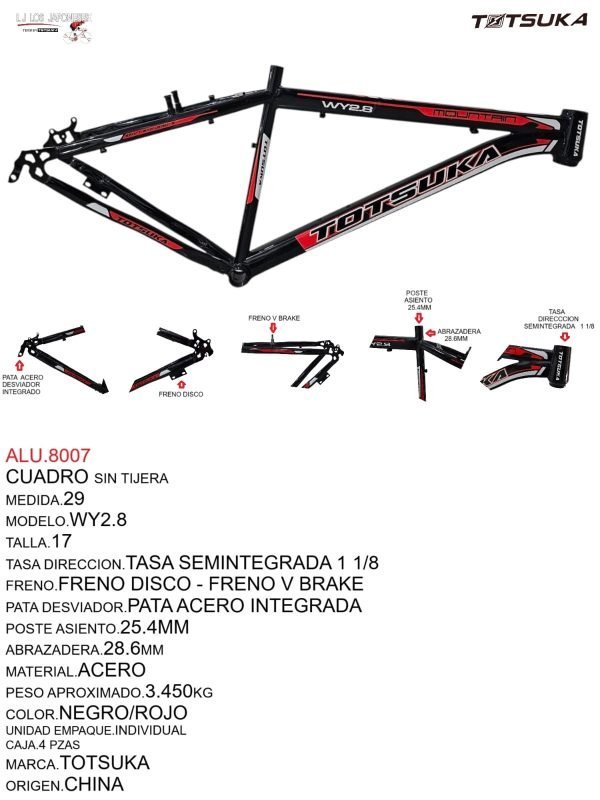 ALU.8007 CUADRO MTB 29 HI-TEN 1 1/8 TAZAS SEMIINTEGRADAS FRENO DISCO/V BRAKE SIN TIJERA NEGRO/ROJO