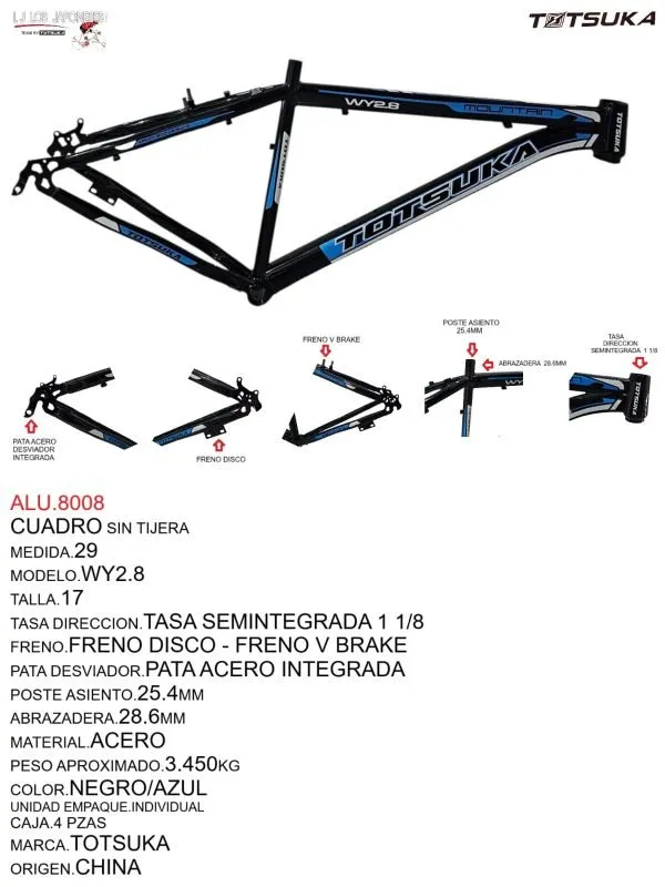 CUADRO MTB 29 HI-TEN 1 1/8 TAZAS SEMIINTEGRADAS FRENO DISCO/V BRAKE SIN TIJERA NEGRO/AZUL