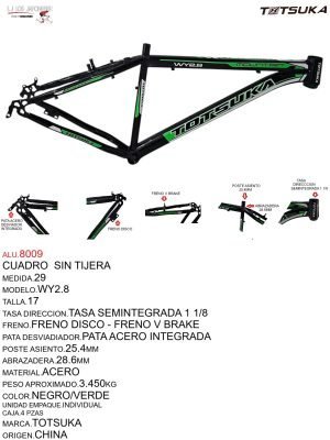 CUADRO MTB 29 HI-TEN 1 1/8 TAZAS SEMIINTEGRADAS FRENO DISCO /V BRAKE SIN TIJERA NEGRO/VERDE