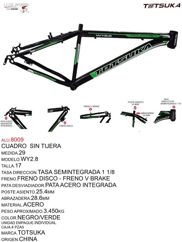 ALU.8009 CUADRO MTB 29 HI-TEN 1 1/8 TAZAS SEMIINTEGRADAS FRENO DISCO /V BRAKE SIN TIJERA NEGRO/VERDE
