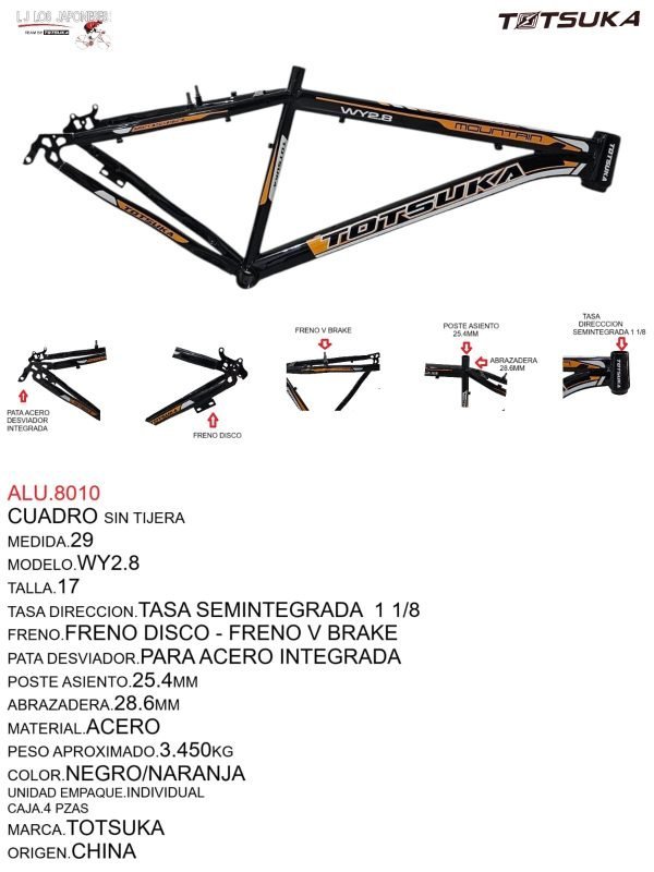ALU.8010 CUADRO MTB 29 HI-TEN 1 1/8 TAZAS SEMIINTEGRADAS FRENO DISCO Y/V BRAKE SIN TIJERA NEGRO/NARANJA