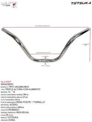 MANUBRIO TIPO VAGABUNDO 12-16 TRIPLE ALTURA CON AUMENTO CROMADO 22CM ALTO-56CM ANCHO