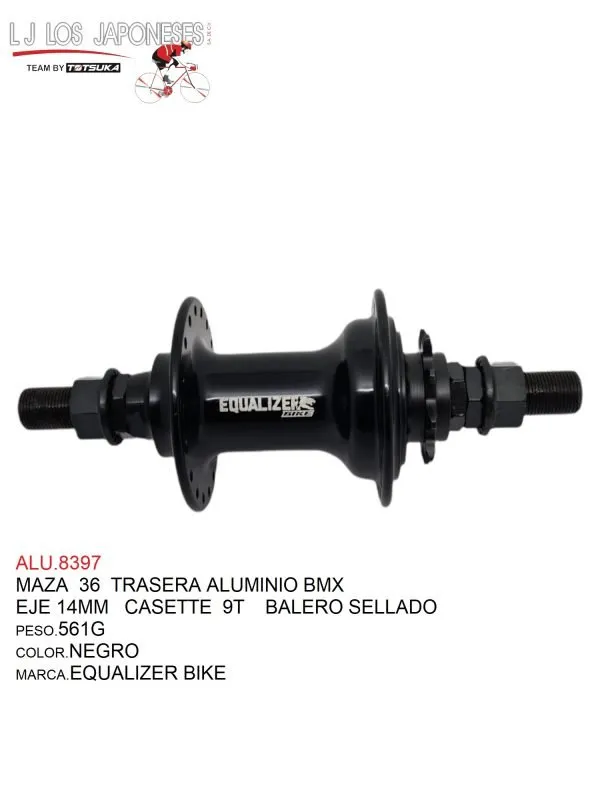 MAZA 36 TRASERA  BMX  14MM CASETTE  9T   NEGRO ALUMINIO   EQUALIZER BIKE