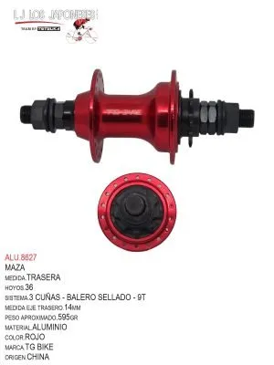 MAZA 36 TRASERA  BMX  14MM CASETTE  9T   ALUMINIO  TG BIKE  ROJO