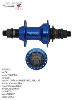 MAZA 36 TRASERA  BMX  14MM CASETTE  9T   ALUMINIO  TG BIKE  AZUL