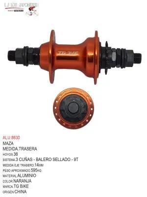 MAZA 36 TRASERA  BMX  14MM CASETTE  9T   ALUMINIO  TG BIKE  NARANJA