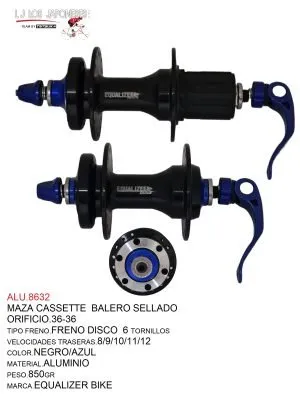 MAZA CASSETTE  36 -36  FRENO DISCO MTB BALERO SELLADO  EQUALIZER BIKE  NEGRO/AZUL