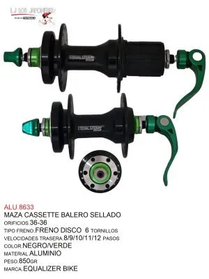 MAZA CASSETTE  36 -36  FRENO DISCO MTB BALERO SELLADO  EQUALIZER BIKE  NEGRO/VERDE
