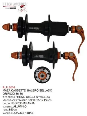 MAZA CASSETTE  36 -36  FRENO DISCO MTB BALERO SELLADO  EQUALIZER BIKE  NEGRO/NARANJA