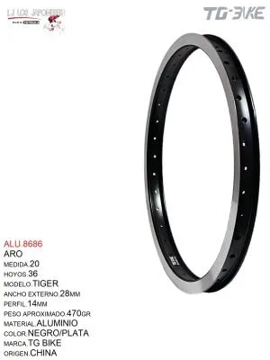 ARO 20X36 ALUMINIO NEGRO DOBLE CAPA  MOD.TIGER  TG BIKE