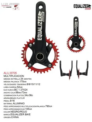 ALU.8705 MULTIPLICACION 34T 1X11 TG BIKE 170MM 52 MMC ADENA C/EJE HUECO BSD104/CAJA73 NEGRO/ROJO EQUALIZER BIKE
