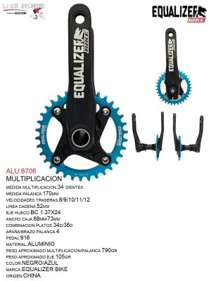 ALU.8706 MULTIPLICACION 34T 1X11 TG BIKE 170MM 52 MMCADENA C/EJE HUECO BSD104/CAJA73 NEGRO/AZUL EQUALIZER BIKE