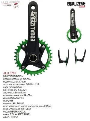ALU.8707 MULTIPLICACION 34T 1X11 TG BIKE 170MM 52 MMCADENA C/EJE HUECO BSD104/CAJA73 NEGRO/VERDE EQUALIZER BIKE
