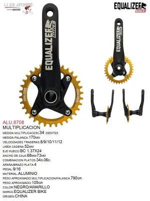 MULTIPLICACION 34T  1X11  TG BIKE 170MM 52 MMCADENA C/EJE HUECO BSD104/CAJA73 NEGRO/AMARILLO EQUALIZER BIKE