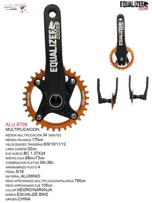 ALU.8709 MULTIPLICACION 34T 1X11 TG BIKE 170MM 52 MMCADENA C/EJE HUECO BSD104/CAJA73 NEGRO/NARANJA EQUALIZER BIKE