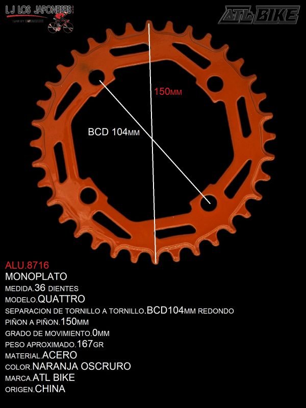 DISCO/PLATO  36T ACERO MONOPLATO ROJO MOD.QUATTRO  ATL BIKE