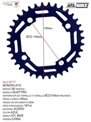 DISCO/PLATO  36T ACERO MONOPLATO AZUL MOD.QUATTRO  ATL BIKE