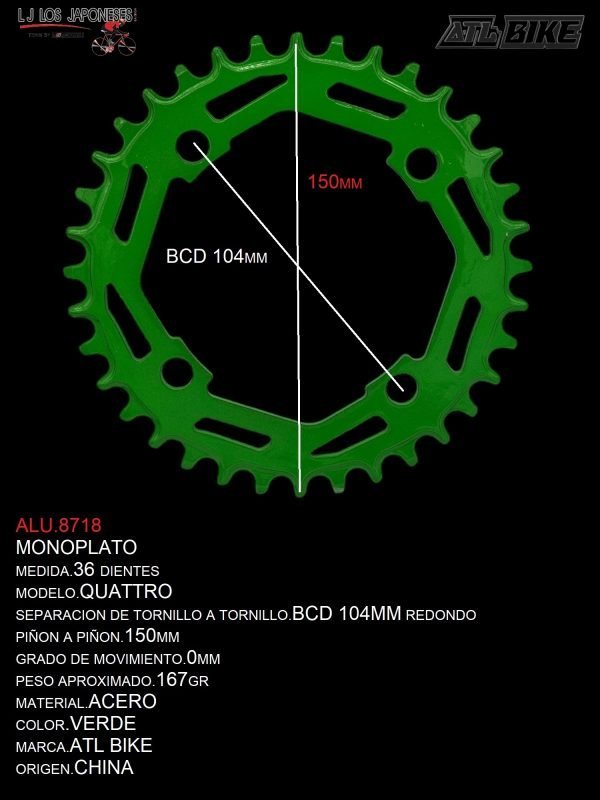 ALU.8718 DISCO/PLATO 36T ACERO MONOPLATO VERDE MOD.QUATTRO ATL BIKE