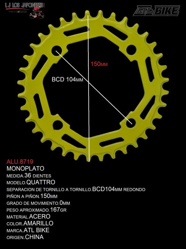 ALU.8719 DISCO/PLATO 36T ACERO MONOPLATO AMARILLO MOD.QUATTRO ATL BIKE